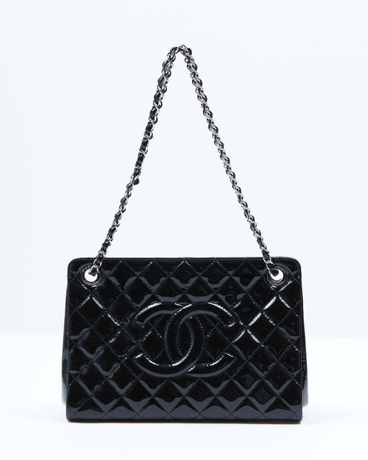 Chanel Black Patent Quilted CC Timeless Shopper Tote Chain Bag