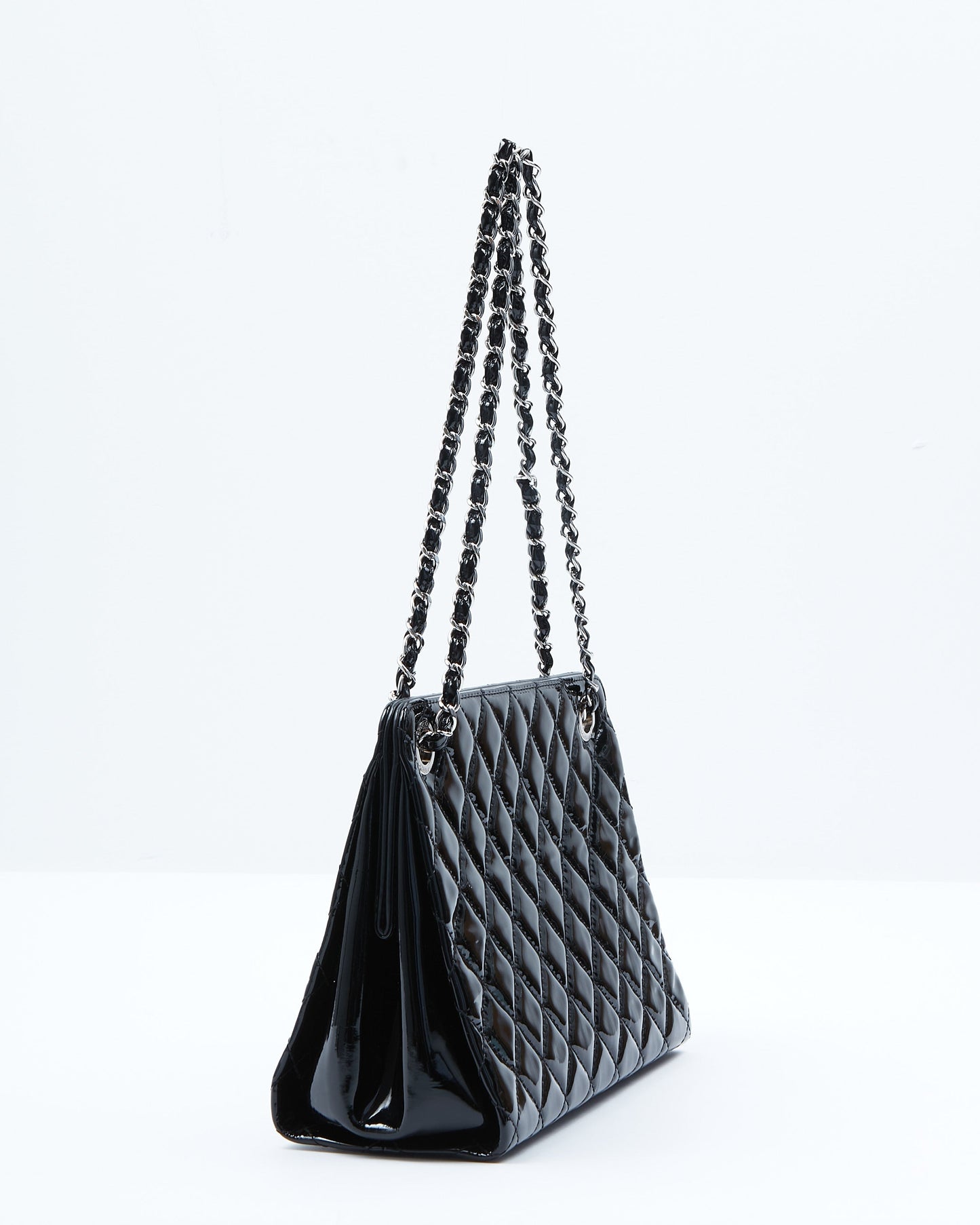 Chanel Black Patent Quilted CC Timeless Shopper Tote Chain Bag