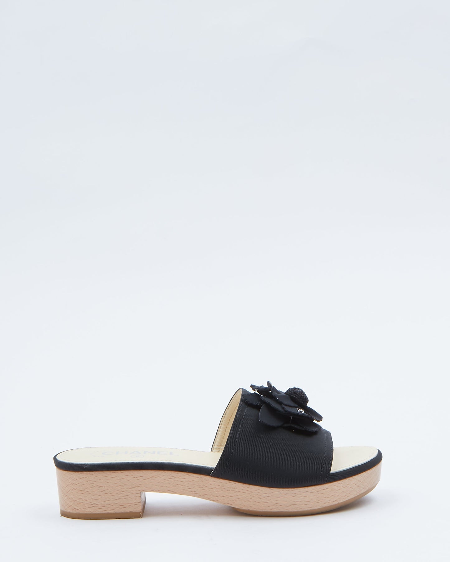 Chanel Black Fabric & Wooden Platform Slides - 37
