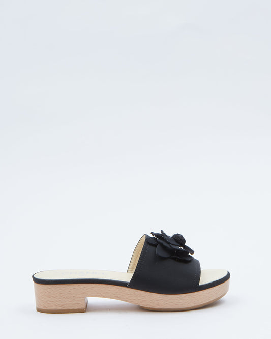 Chanel Black Fabric & Wooden Platform Slides - 37