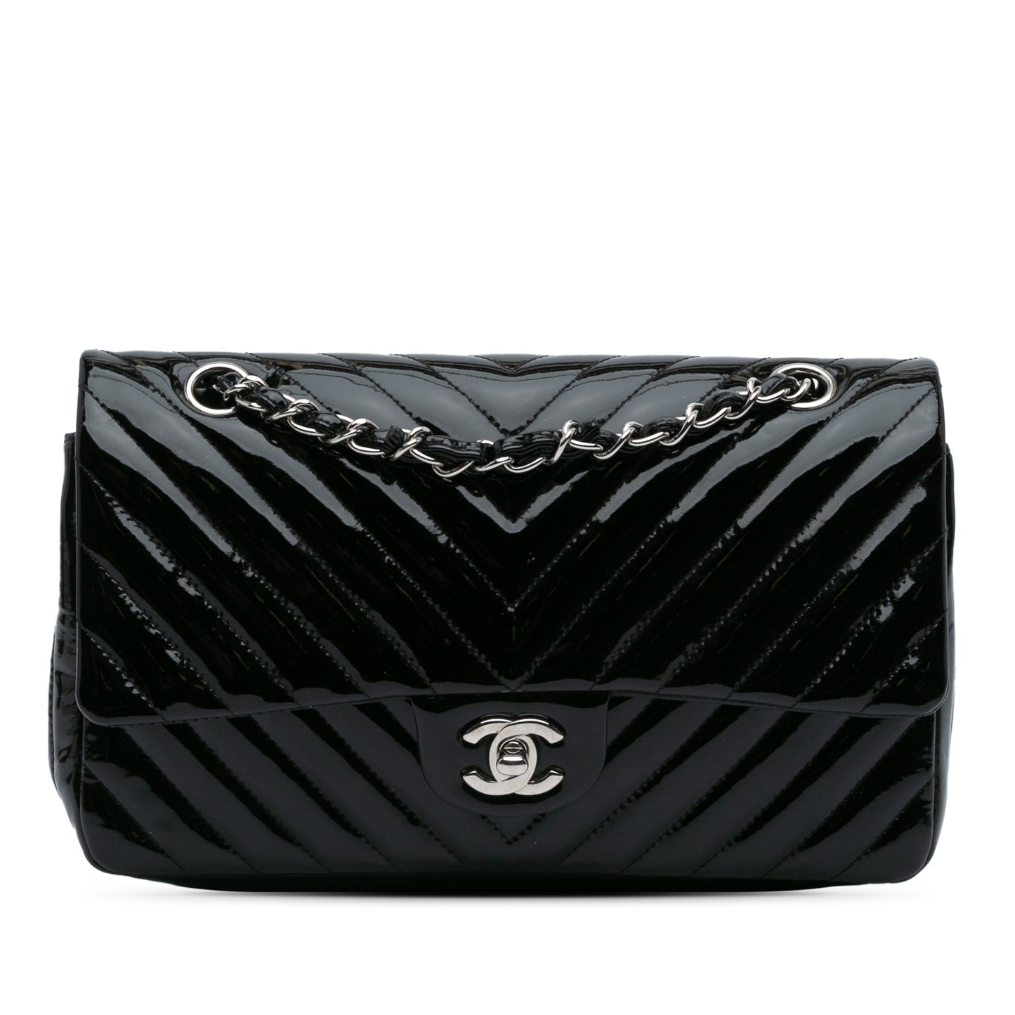 Black Chanel Medium Classic Chevron Patent Double Flap Shoulder Bag