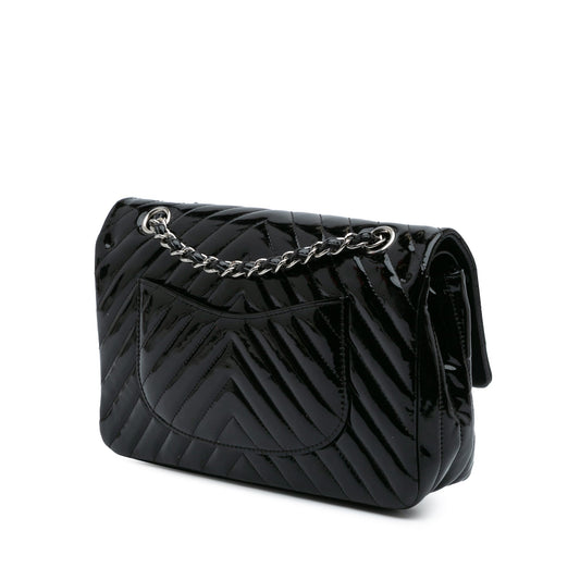 Black Chanel Medium Classic Chevron Patent Double Flap Shoulder Bag