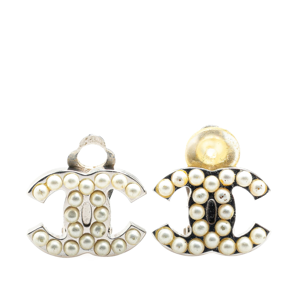 Silver Chanel Silver Plated CC Faux Pearl Clip On Earrings