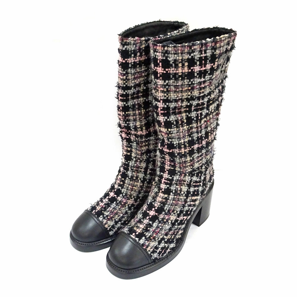 Chanel Long Boots G39614 38 Black Tweed Leather Shoes For Women