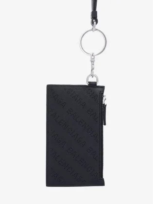 Luxury Balenciaga  Logo Perforated Neck Strap Card Wallet Black