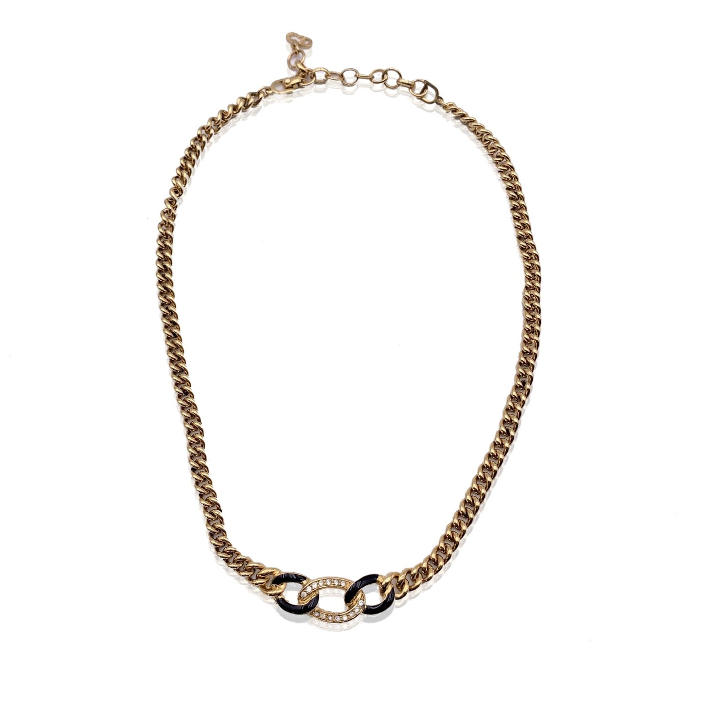 CHRISTIAN DIOR Vintage Gold Metal Chain Link Crystal Enamel Necklace