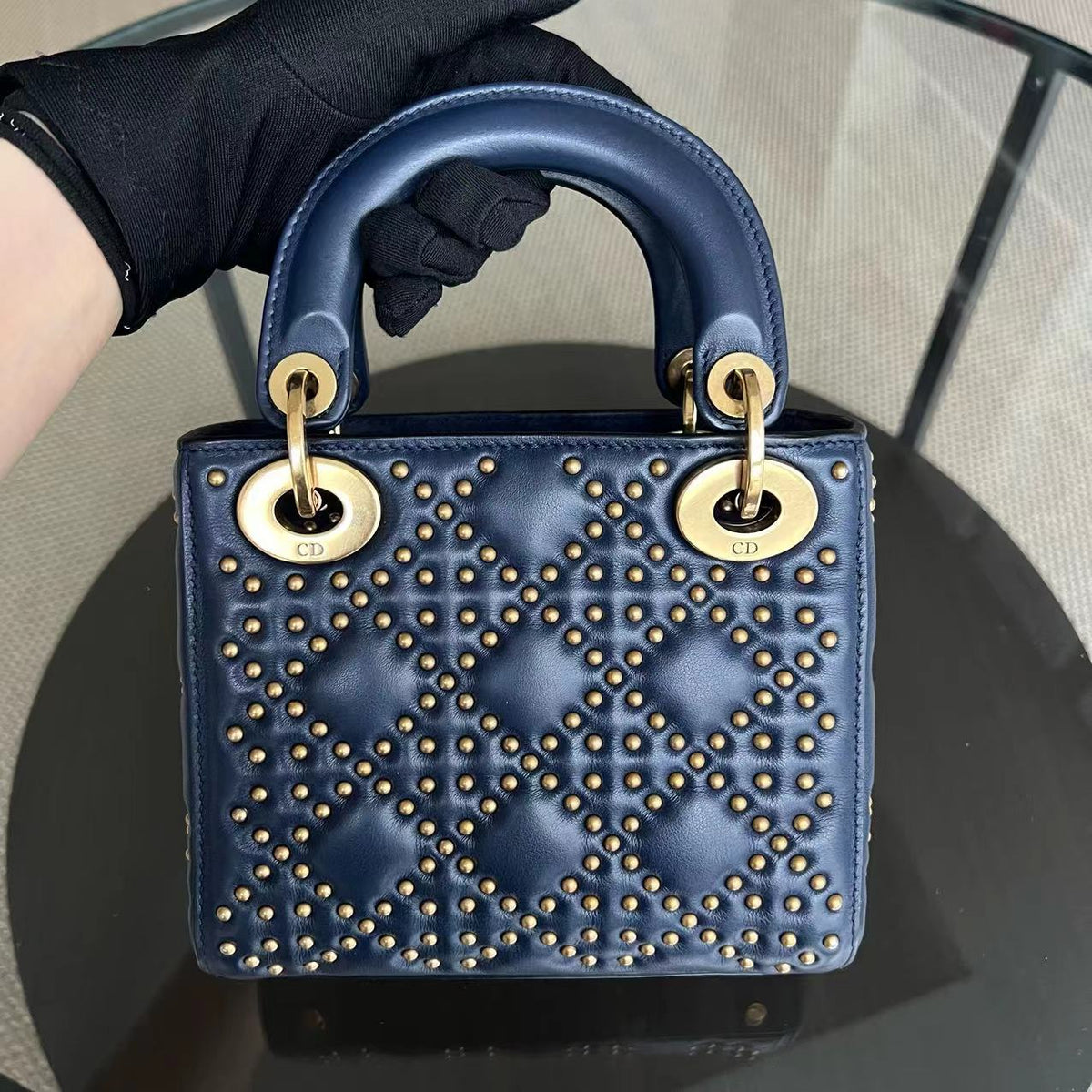 Dior Lady Mini - Studded Calfskin Dark Blue Golden Hardware