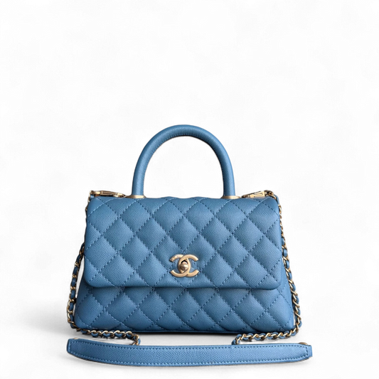 Chanel Coco Handle Small - Caviar 25CM Quilted Blue Gold Hardware Series 25