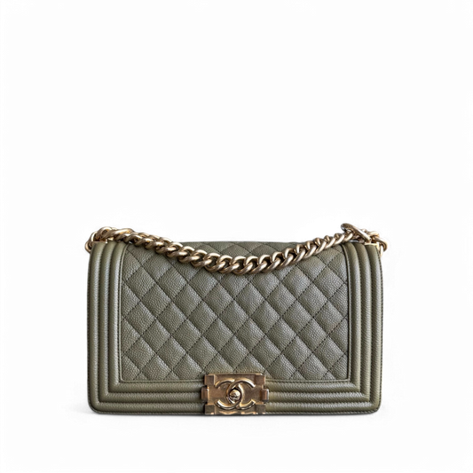 Chanel Boy Medium - Caviar 25CM Quilted Green Gold Hardware