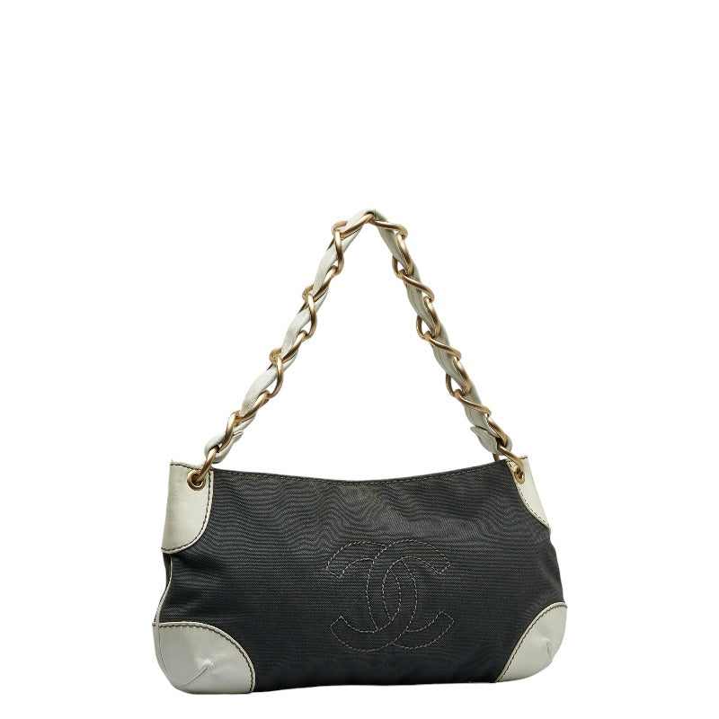 Chanel Coco Mark Chain Shoulder Bag Gray White Canvas Leather
