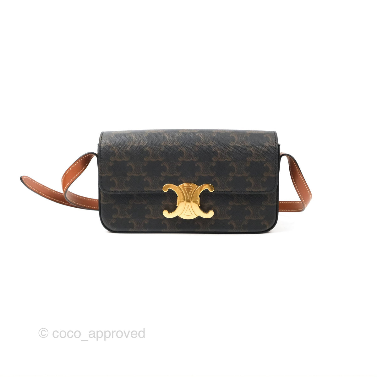 Celine Triomphe Shoulder Bag Tan Calfskin Triomphe Canvas