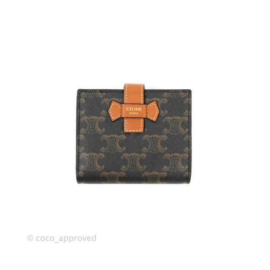 Celine Small Strap Wallet In Triomphe Canvas Tan Lambskin