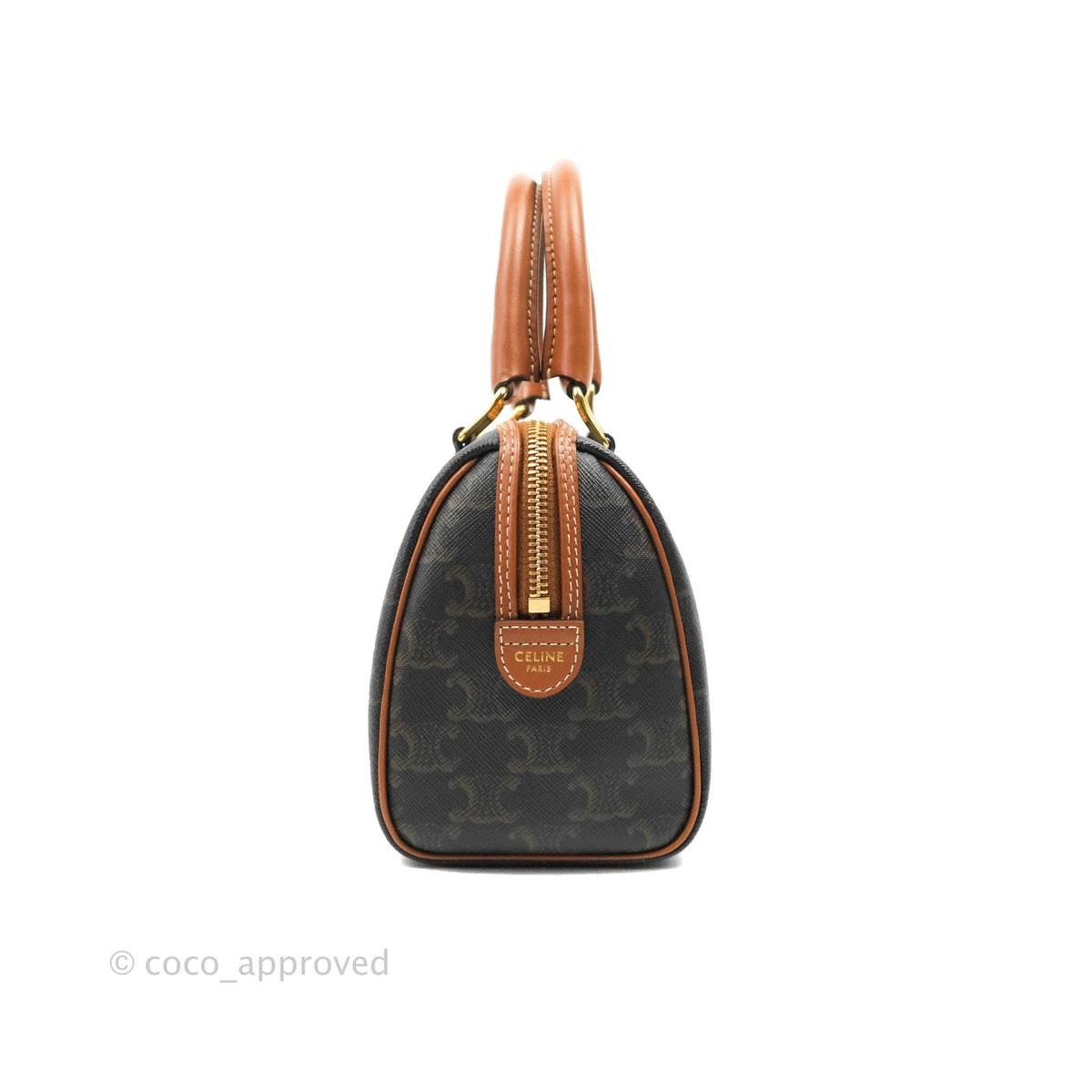 Celine Small Triomphe Canvas Boston Bag Tan Calfskin