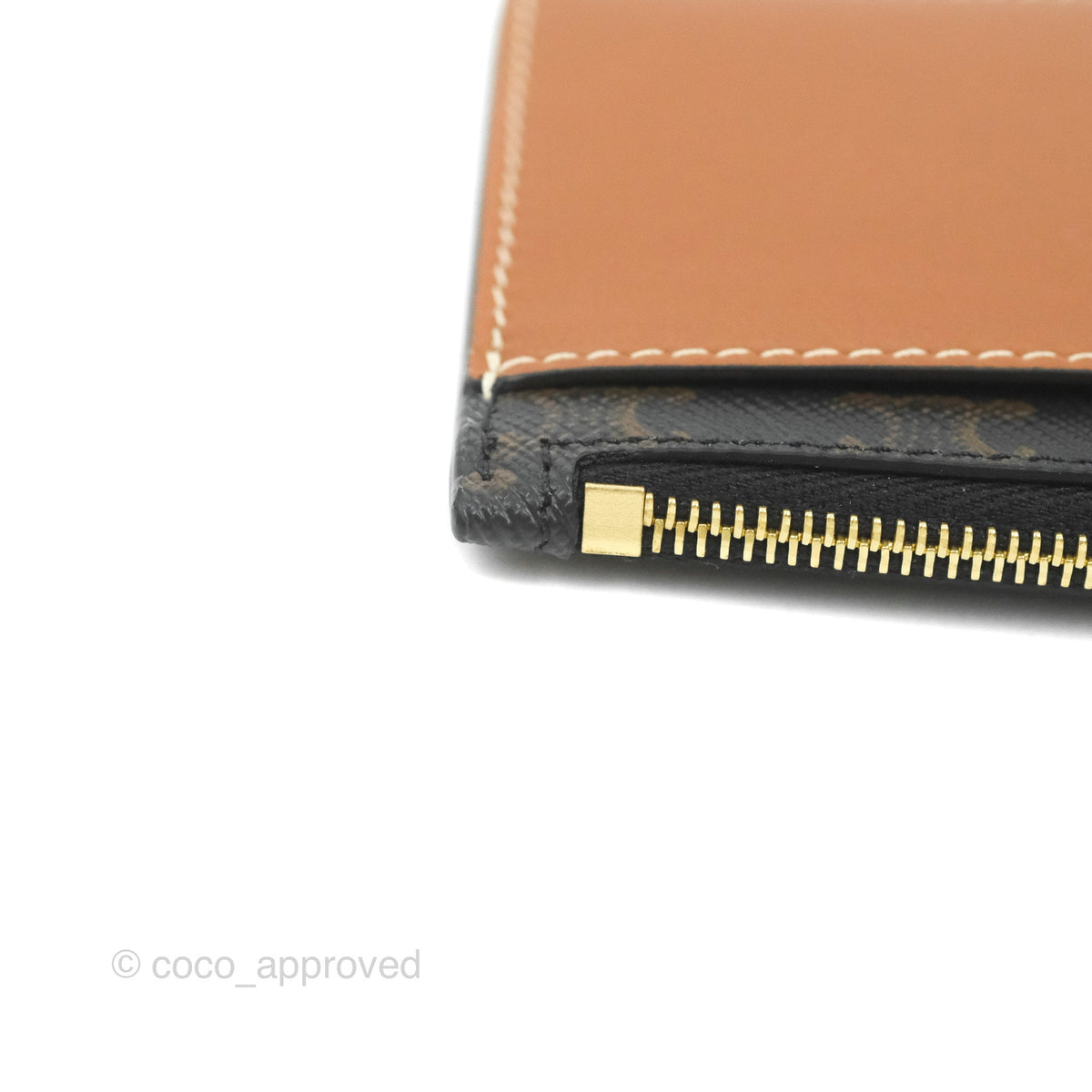 Celine Zipped Card Holder Triomphe Canvas Tan Lambskin