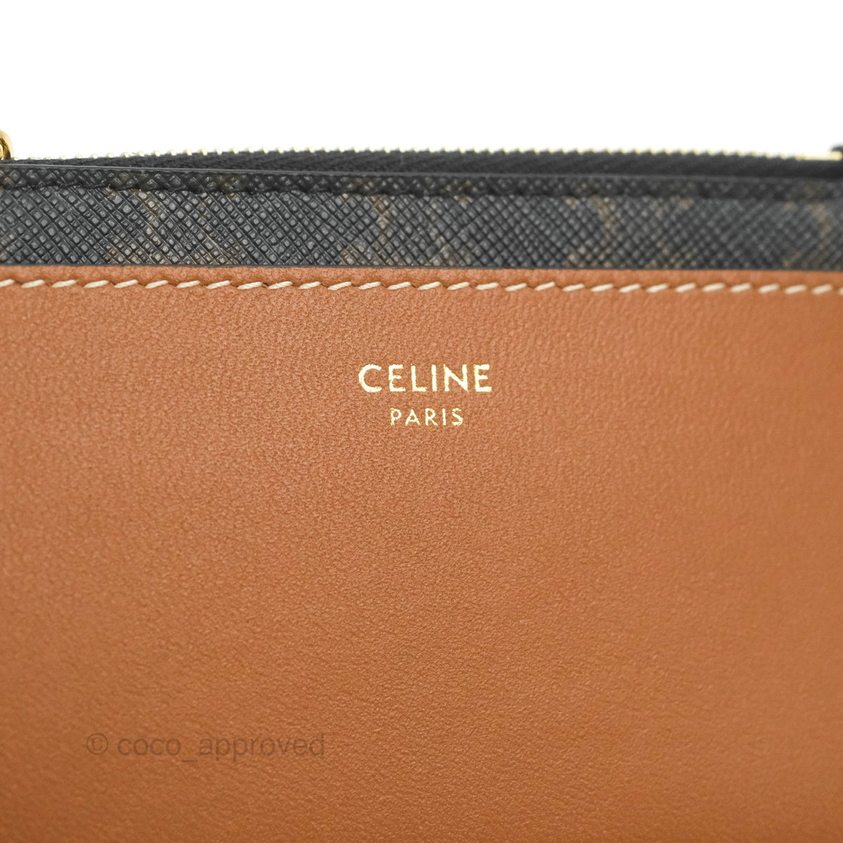 Celine Zipped Card Holder Triomphe Canvas Tan Lambskin