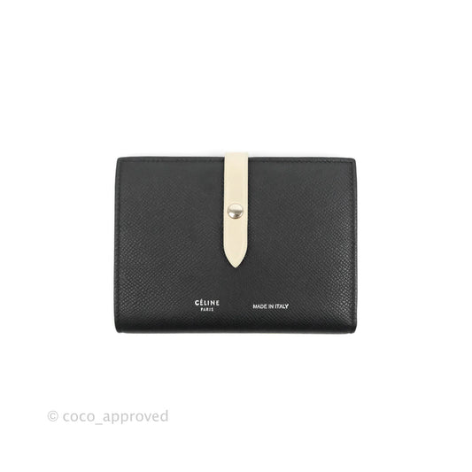 Celine Medium Strap Wallet In Grained Calfskin Black/Cream