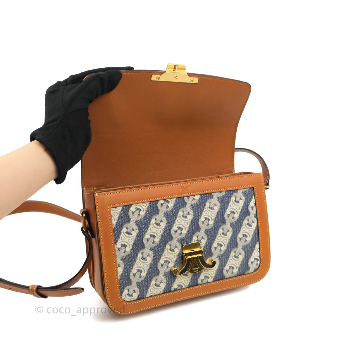 Celine Medium Triomphe Bag Chaine Triomphe Jacquard Canvas Tan Calfskin