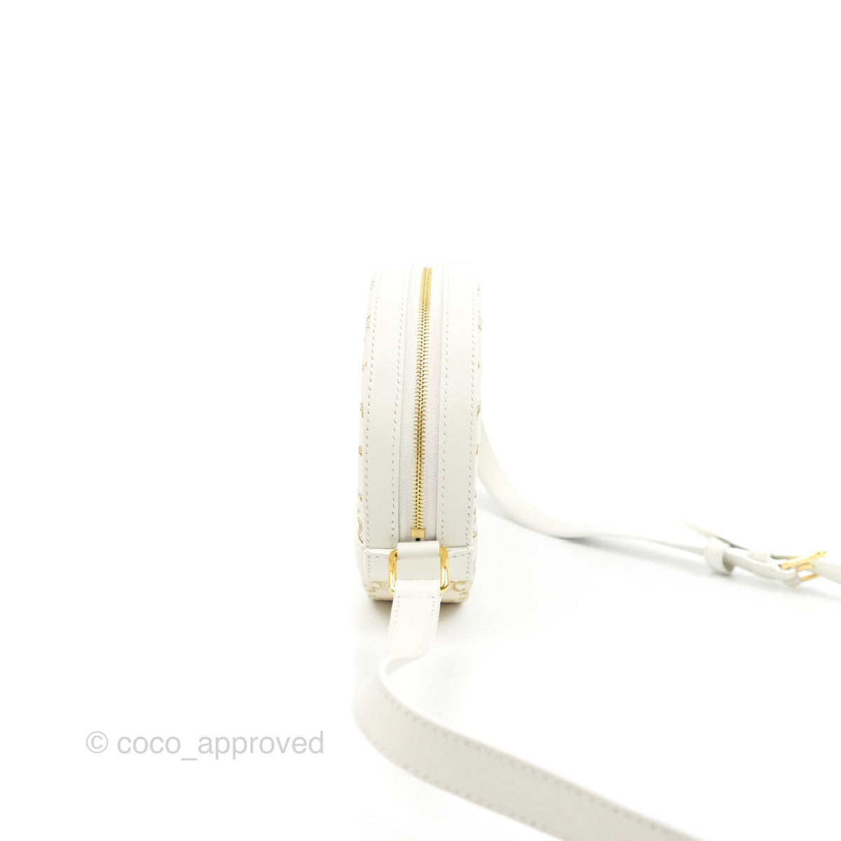 Celine Round Purse on Strap Triomphe Canvas White Calfskin