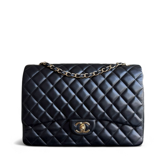 Chanel Classic Flap Maxi - Double Flap 33CM Quilted Lambskin Black Gold Hardware Series 14