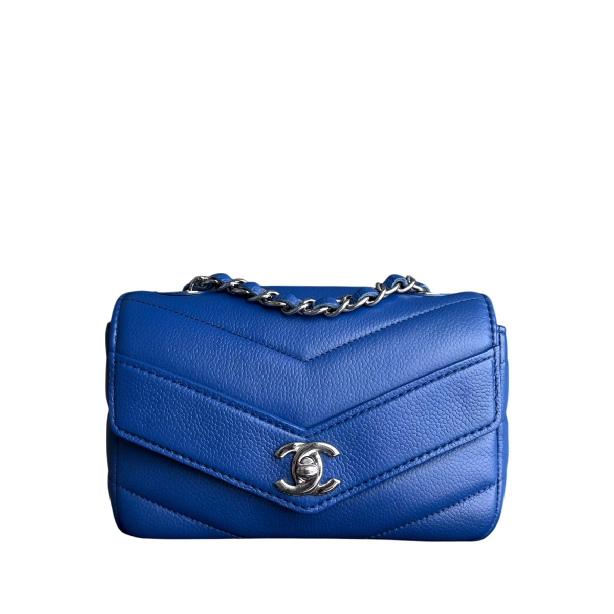 Chanel Seasonal Flap - Caviar V Stitch Chevron Mini Square Blue Silver Hardware Series 24