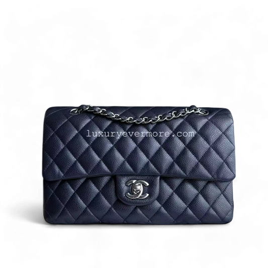 Caviar Medium Classic Flap Quilted Dark Blue Silver Hardware Series 18