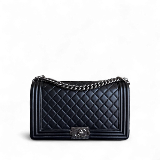 Chanel Boy New Medium - 28CM Quilted Lambskin Black Ruthenium Silver Hardware Series 21