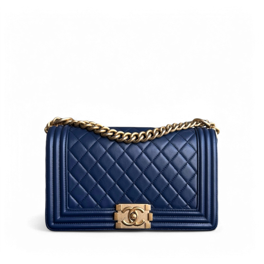Chanel Boy Medium - 25CM Quilted Lambskin Dark Blue Gold Hardware Series 24