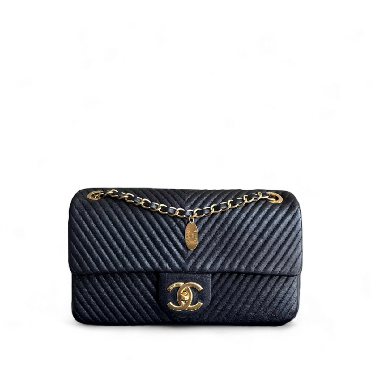 Chanel Seasonal Flap Surpique CC Herringbone Medallion Medium - 25CM Flap Chevron Goatskin Black Gold Hardware Series 20