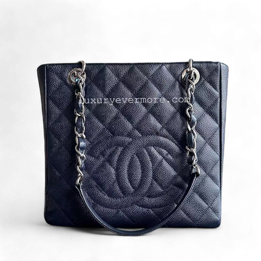 PST Petite Shopping Tote Caviar Quilted Dark Blue Silver Hardware Series 18