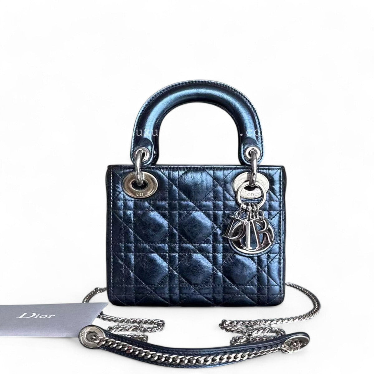 Dior Lady Mini - Glazed Calfskin Metallic Blue Silver Palladium Hardware