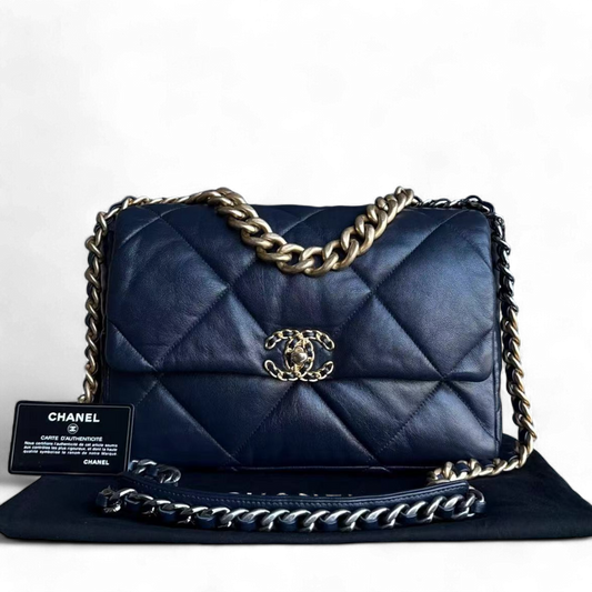 Chanel 19 Medium - C19 Quilted Goatskin Dark Navy Blue Shoulder Bag Two-tone Hardware Series 29