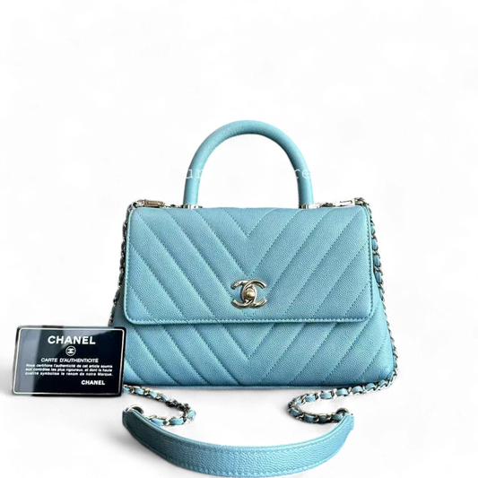 Chanel Coco Handle - Caviar Small Chevron Blue Light Gold Hardware Series 29
