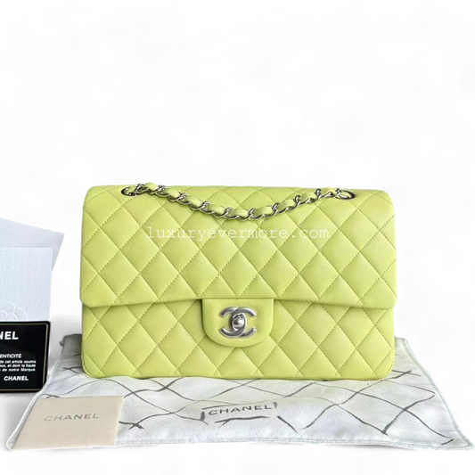 *Full Set, Receipt* Chanel Classic Flap Medium Quilted Lambskin Light Yellow Silver Hardware