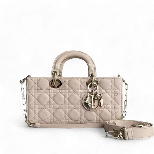 Dior D-Joy Medium Cannage Lambskin Beige Golden Hardware Shoulder Bag