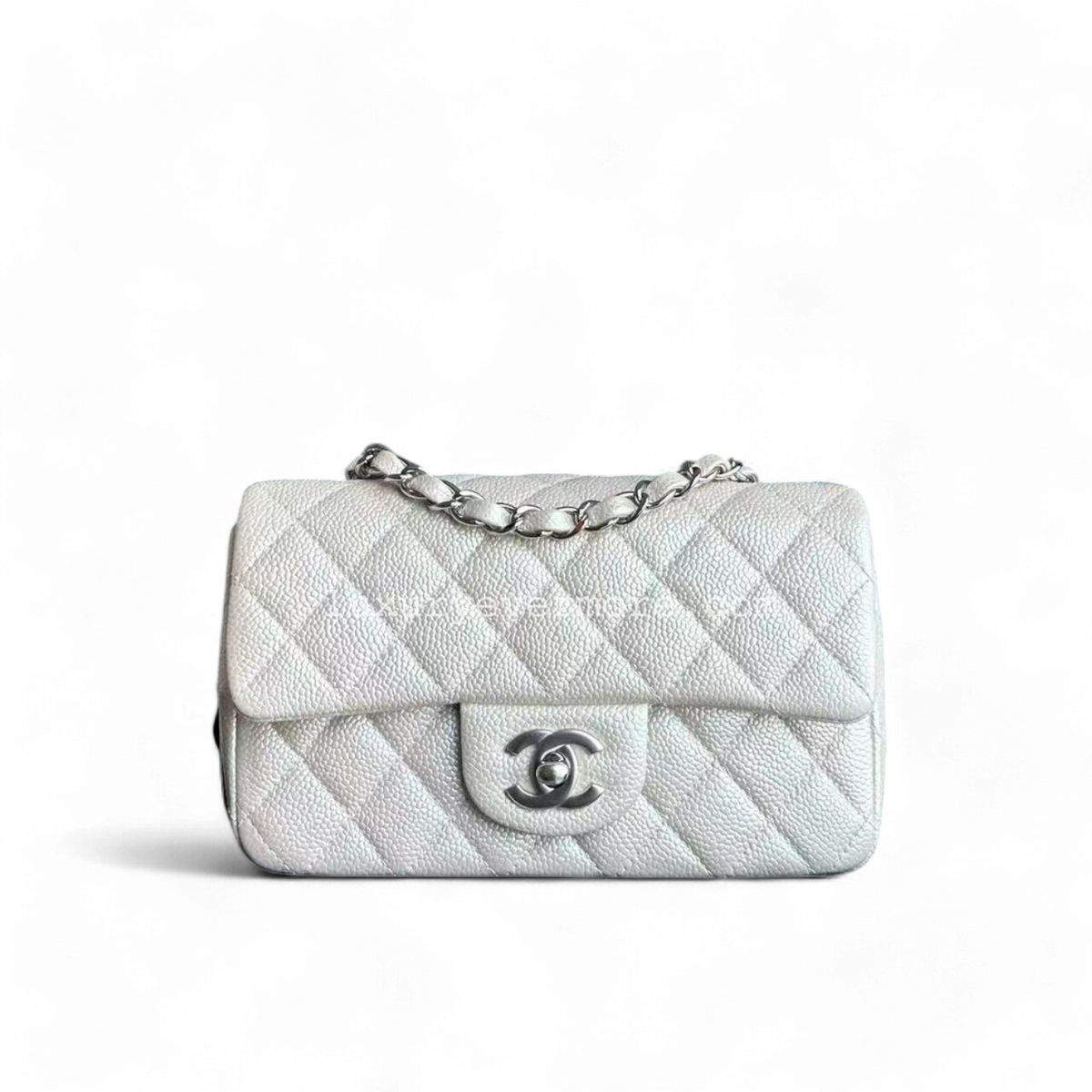 *Un* Caviar Mini Rectangle Classic Flap Quilted Iridescent Pearl White Silver Hardware Series 20