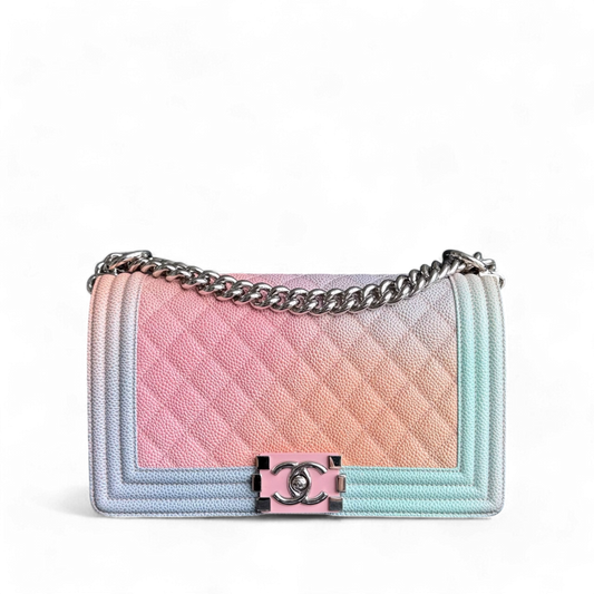 Chanel Boy Medium - Caviar Rainbow 25CM Quilted Multioclor Silver Hardware Series 25