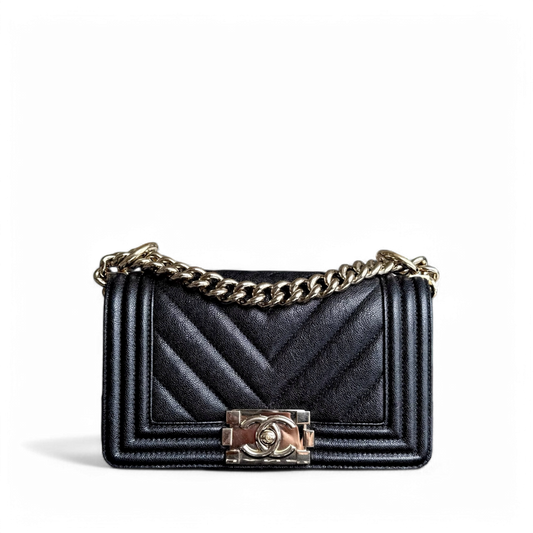 Chanel Boy Small - Caviar 20CM Chevron Black Shiny Gold Hardware Series 27