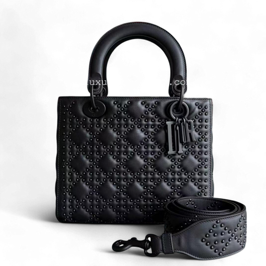 *Flap Open* Lady All Black Medium Studded Cannage Black Hardware