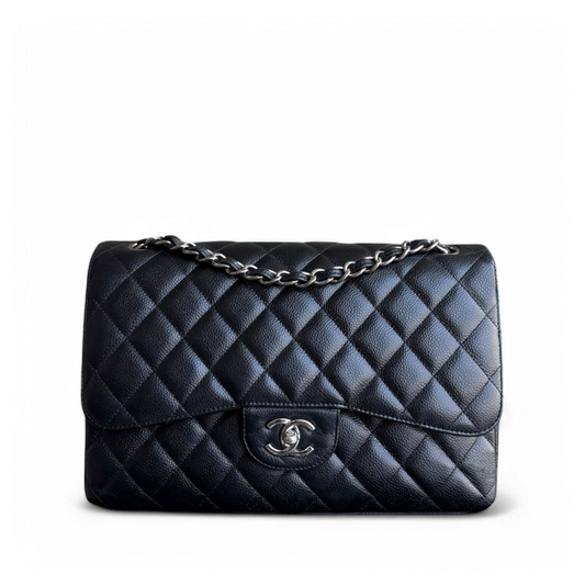 Chanel Classic Flap Jumbo - Caviar 30CM Double Flap Quilted Black Silver Hardware Series 18
