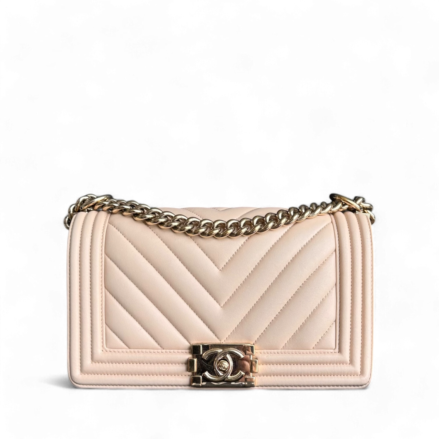 Chanel Boy Medium - 25CM Chevron Calfskin Beige Gold Hardware Series 23