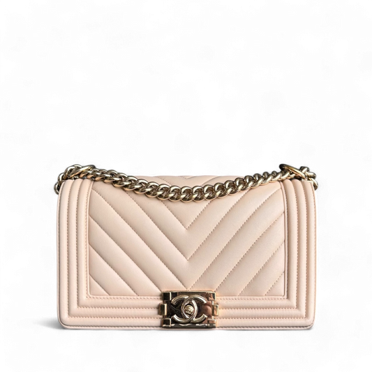 Chanel Boy Medium - 25CM Chevron Calfskin Beige Gold Hardware Series 23