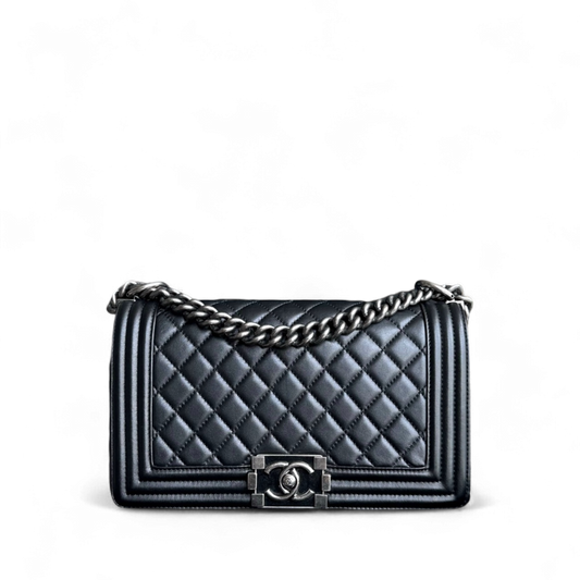 Chanel Boy Medium - 25CM Quilted Calfskin Black Limited Edition Ruthenium Silver Hardware Series 20