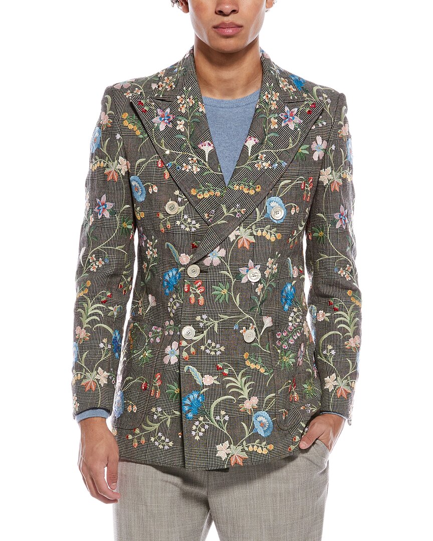 Gucci Floral Embroidered Wool & Linen-Blend Plaid Jacket