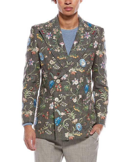 Gucci Floral Embroidered Wool & Linen-Blend Plaid Jacket