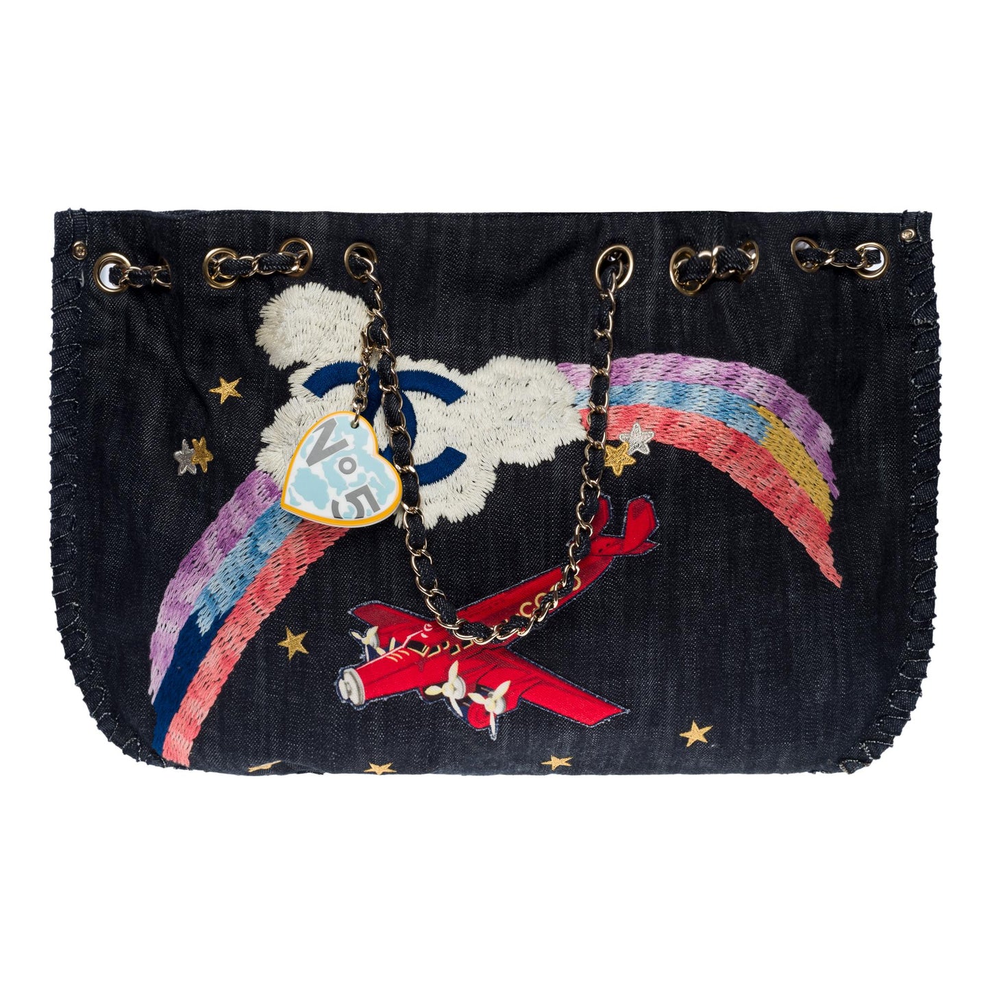 Top Quality Chanel Collector "Airplane Rainbow" Tote bag in Blue Denim, SHW