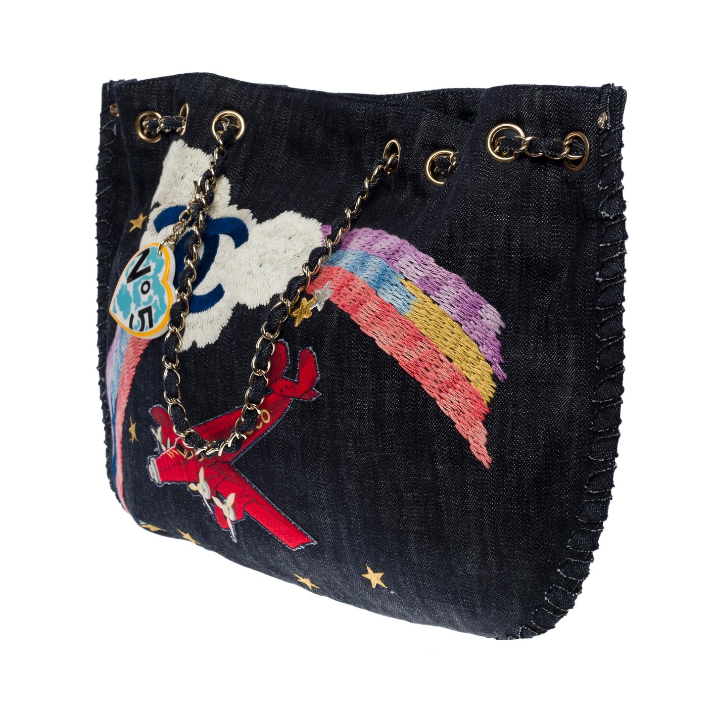 Top Quality Chanel Collector "Airplane Rainbow" Tote bag in Blue Denim, SHW