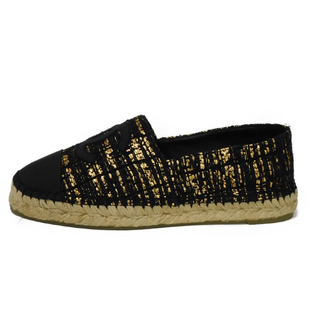CHANEL Slip-on G29762 Satin x Grosgrain x Jute Black x Gold CC mark COCO Mark tweed espadrilles 37