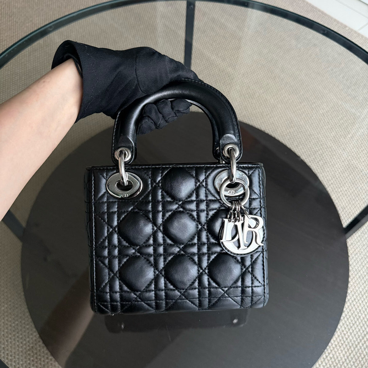 Dior Lady Mini - Cannage Lambskin Black Silver Hardware Adjustable Strap