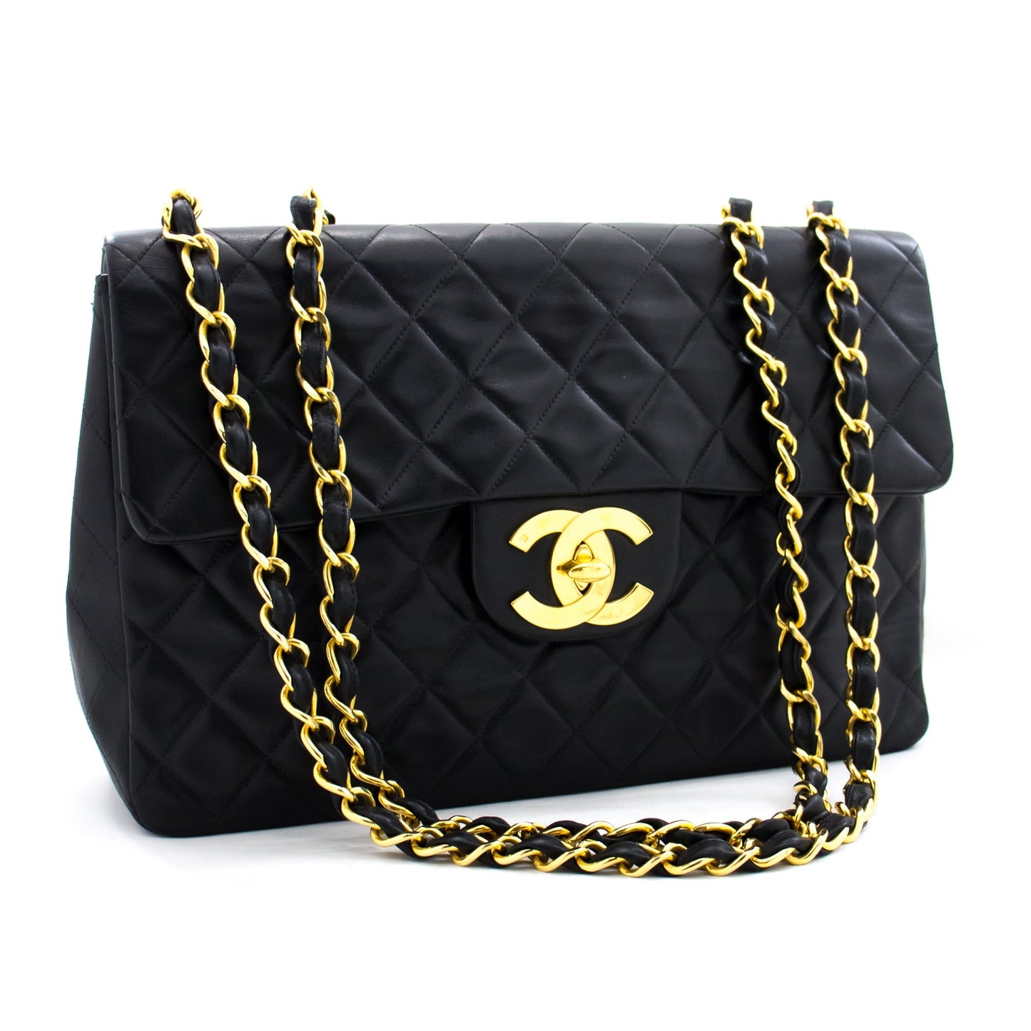CHANEL Jumbo 13" Maxi 2.55 Flap Chain Shoulder Bag Black Lambskin