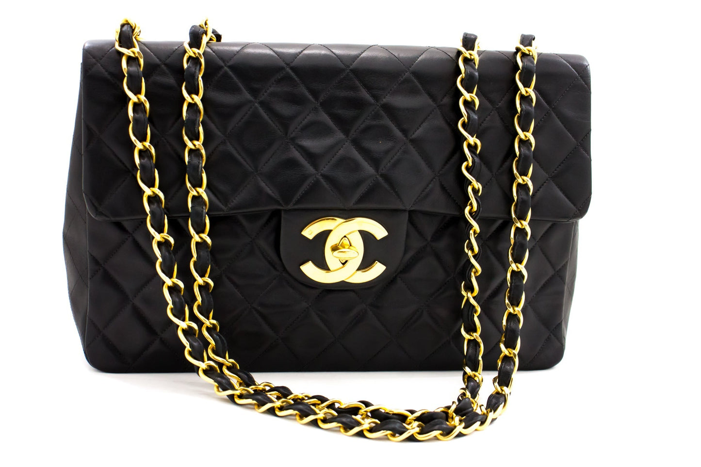 CHANEL Jumbo 13" Maxi 2.55 Flap Chain Shoulder Bag Black Lambskin